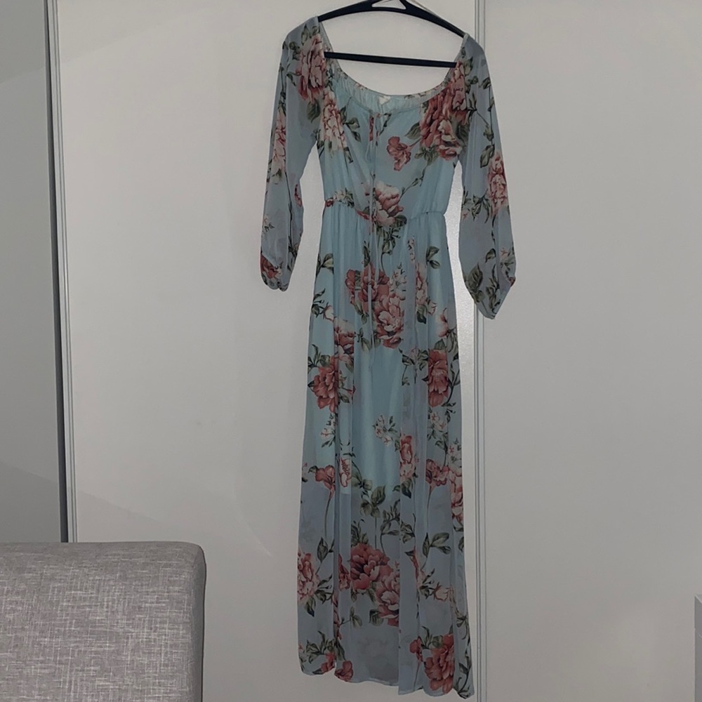 Light Blue Floral Chiffon Off Shoulder Maxi Dress